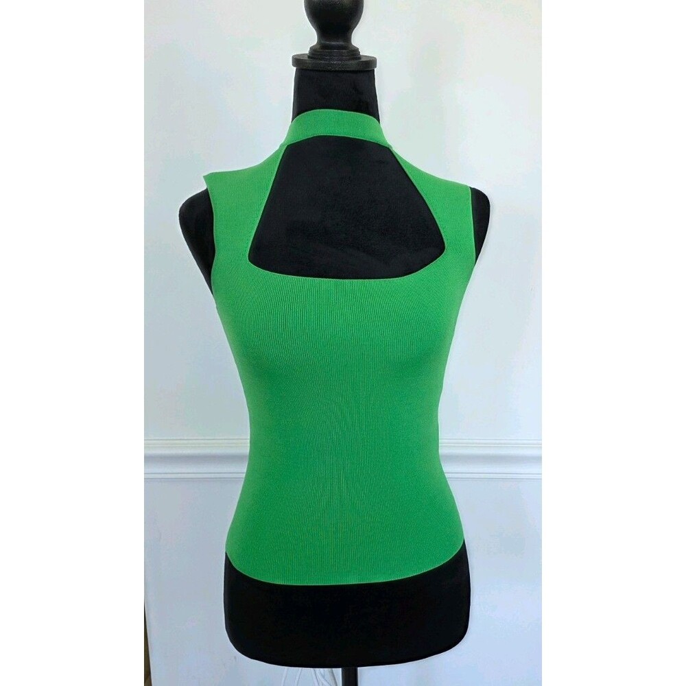 Zara Neon Green Stretch Knit Halter Top Small Cutout Mock Neck Sleeveless Size S